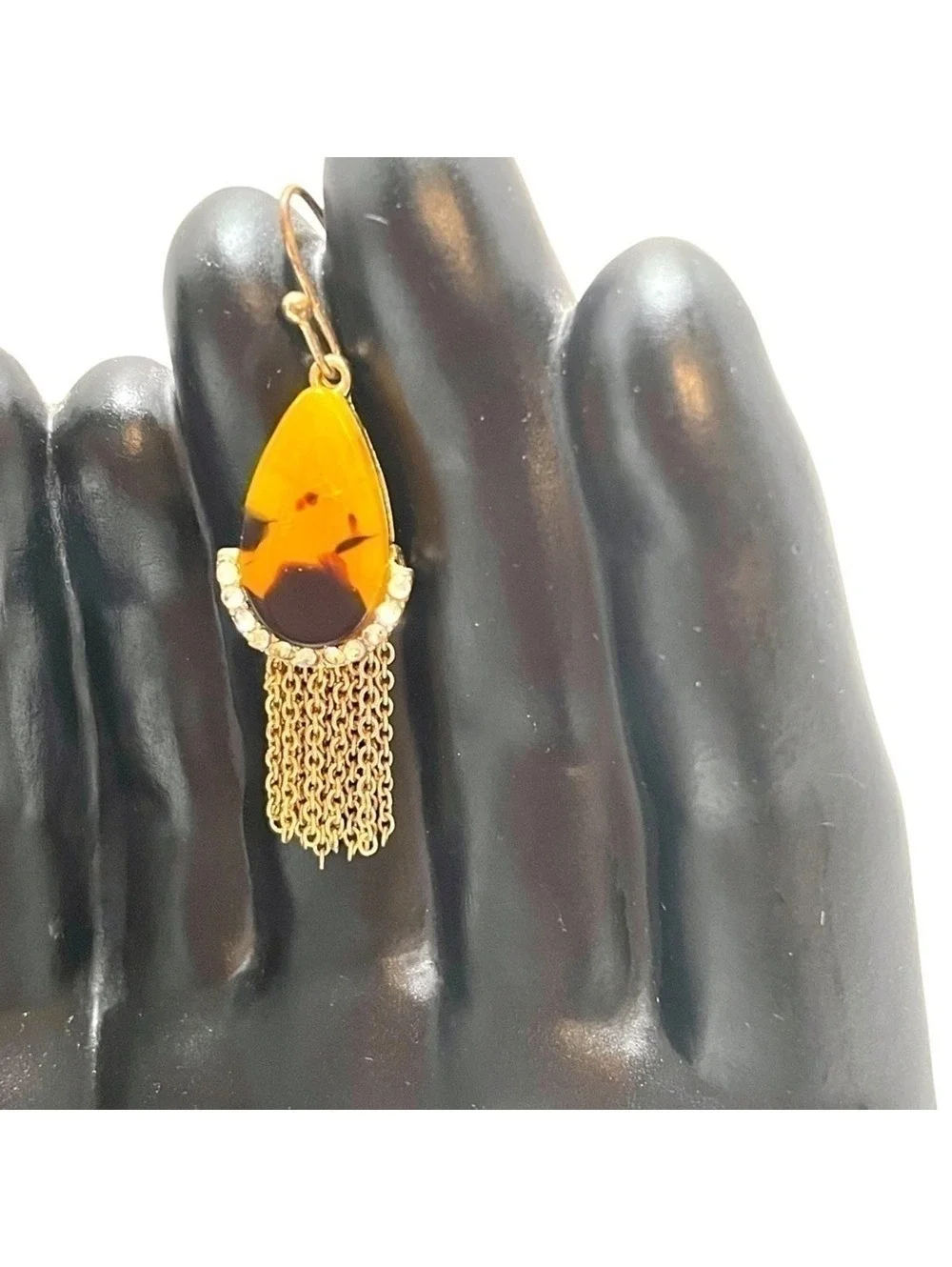 Tortoiseshell Teardrop Dangle Earrings Rhinestone Tassel Gold Tone
